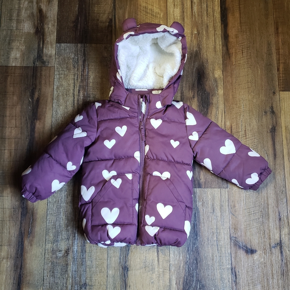 Baby Girl Sz 18 Months H&M Hearts Mauve Puffer Jacket with  White Lining